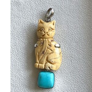 Vintage 925 Sterling Silver Turquoise Carved Bone Cat Pendant 3" 17g